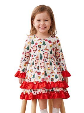 NWOT | Toddler Girls Christmas Santa Reindeer Ruffle Tiered Holiday Dress | 3T
